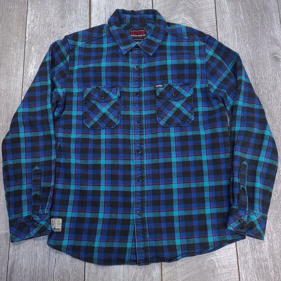 MATIX Shirt Men's Large Blue Big Dipper Long Sleeve Flannel Plaid Snap Up - Picture 2 of 7